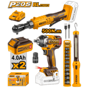 COMBO LLAVE DE IMPACTO 500NM 20V A BATERIA + LLAVE CRIQUE 20V + LINTERNA + SET DA COSLI240461 INGCO