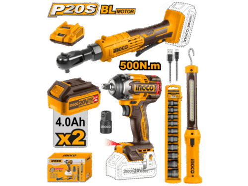 COMBO LLAVE DE IMPACTO 500NM 20V A BATERIA + LLAVE CRIQUE 20V + LINTERNA + SET DA COSLI240461 INGCO