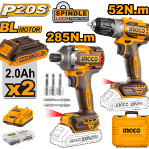 SET ATORNILLADOR DE IMPACTO A BATERIA 20V 285NM + ATORNILLADOR 20V 52NM C 2 BAT CARGADOR + VALIJA INGCO P20S CKLI20272