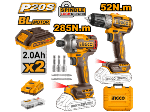 SET ATORNILLADOR DE IMPACTO A BATERIA 20V 285NM + ATORNILLADOR 20V 52NM C 2 BAT CARGADOR + VALIJA INGCO P20S CKLI20272